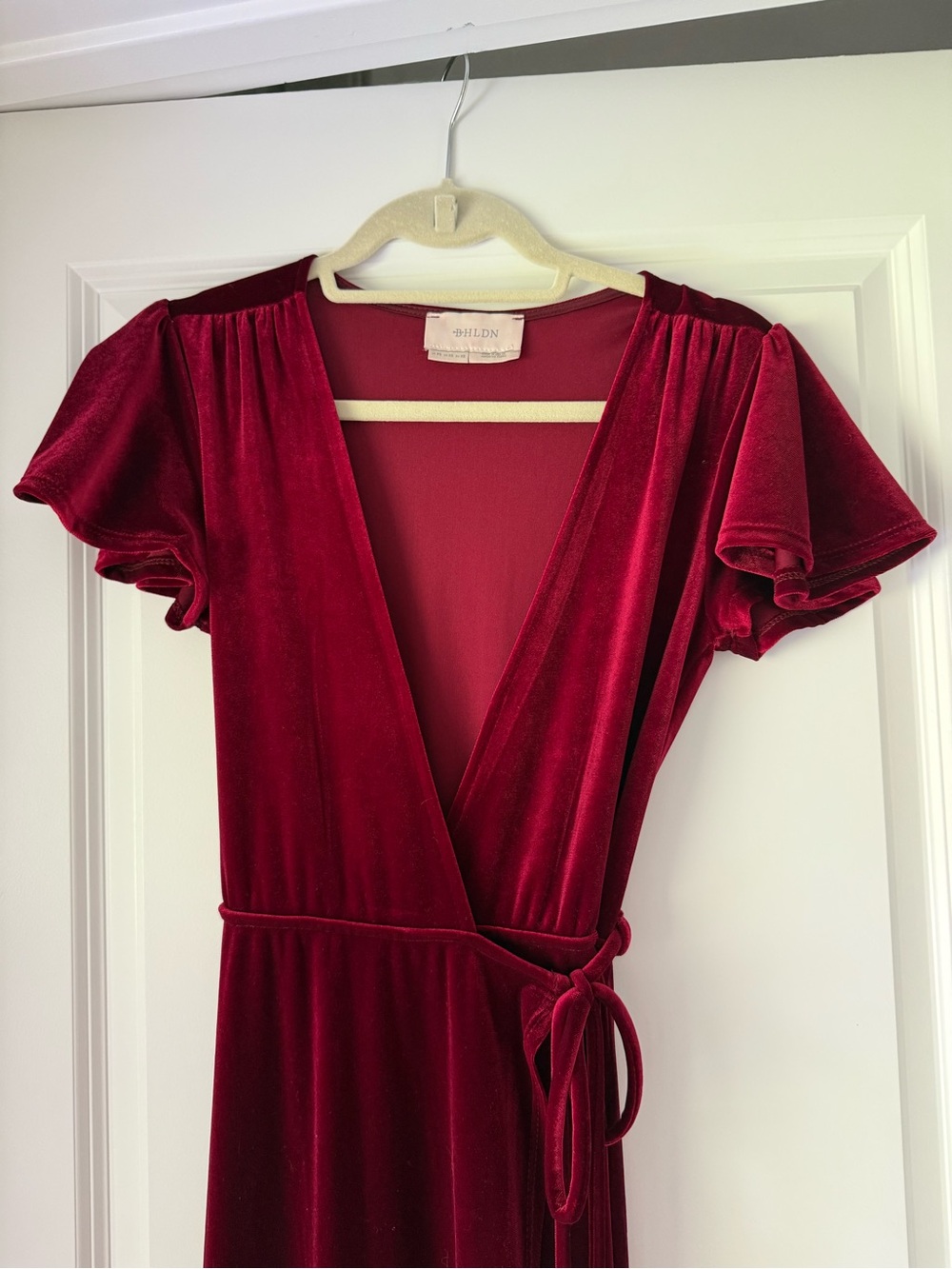 BHLDN Velvet Deep Red Wrap Dress with Branded Label
